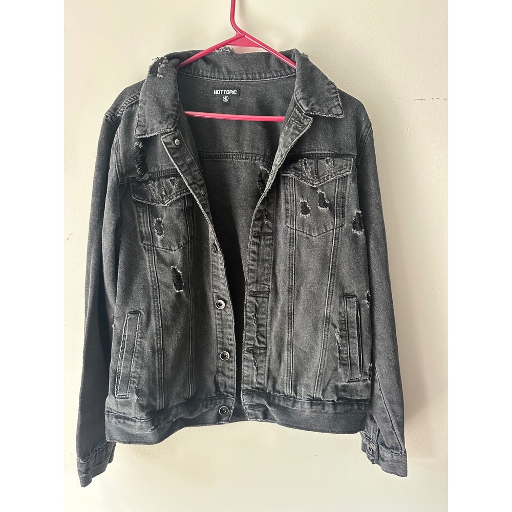 Hot Topic Black Distressed Denim Jacket Punk Rock Trucker MD